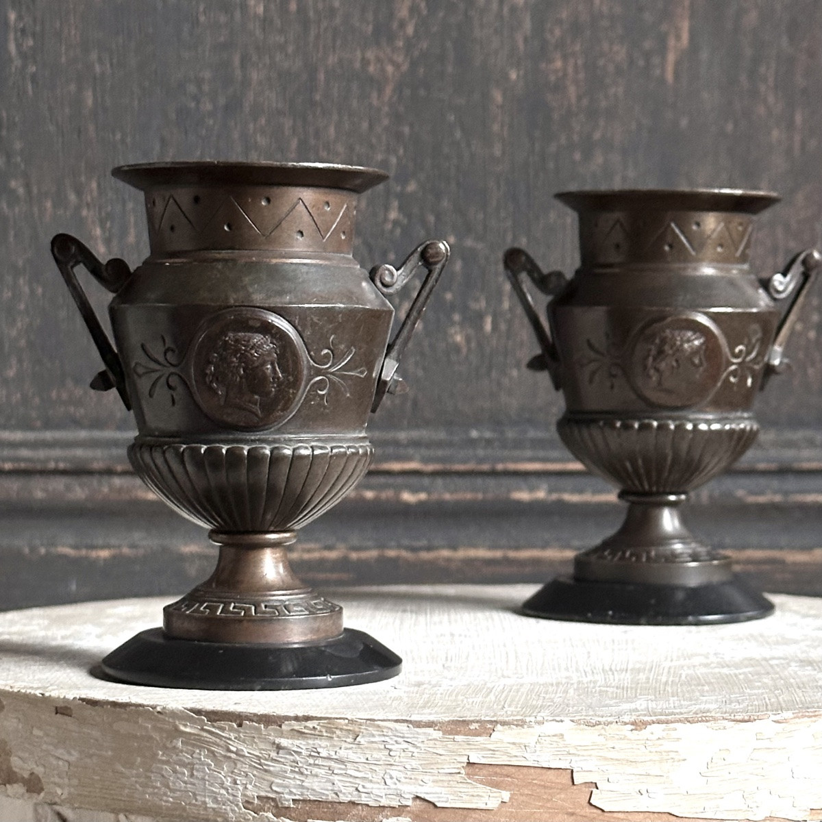 Pair Of Antique Bronze Violet Vases, 19th Century, On Marble Bases-photo-7