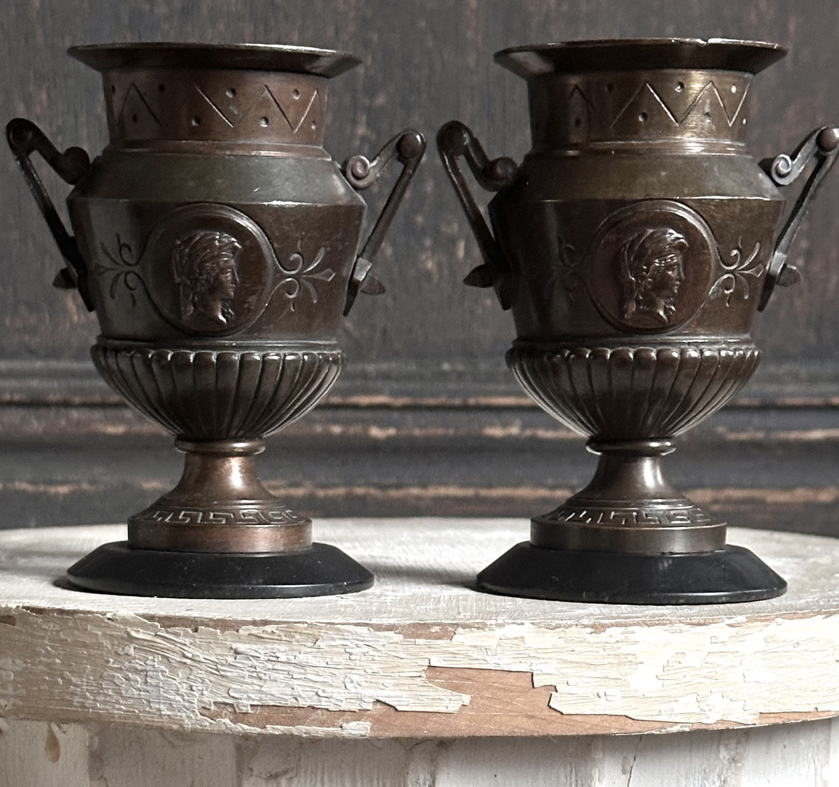 Pair Of Antique Bronze Violet Vases, 19th Century, On Marble Bases
