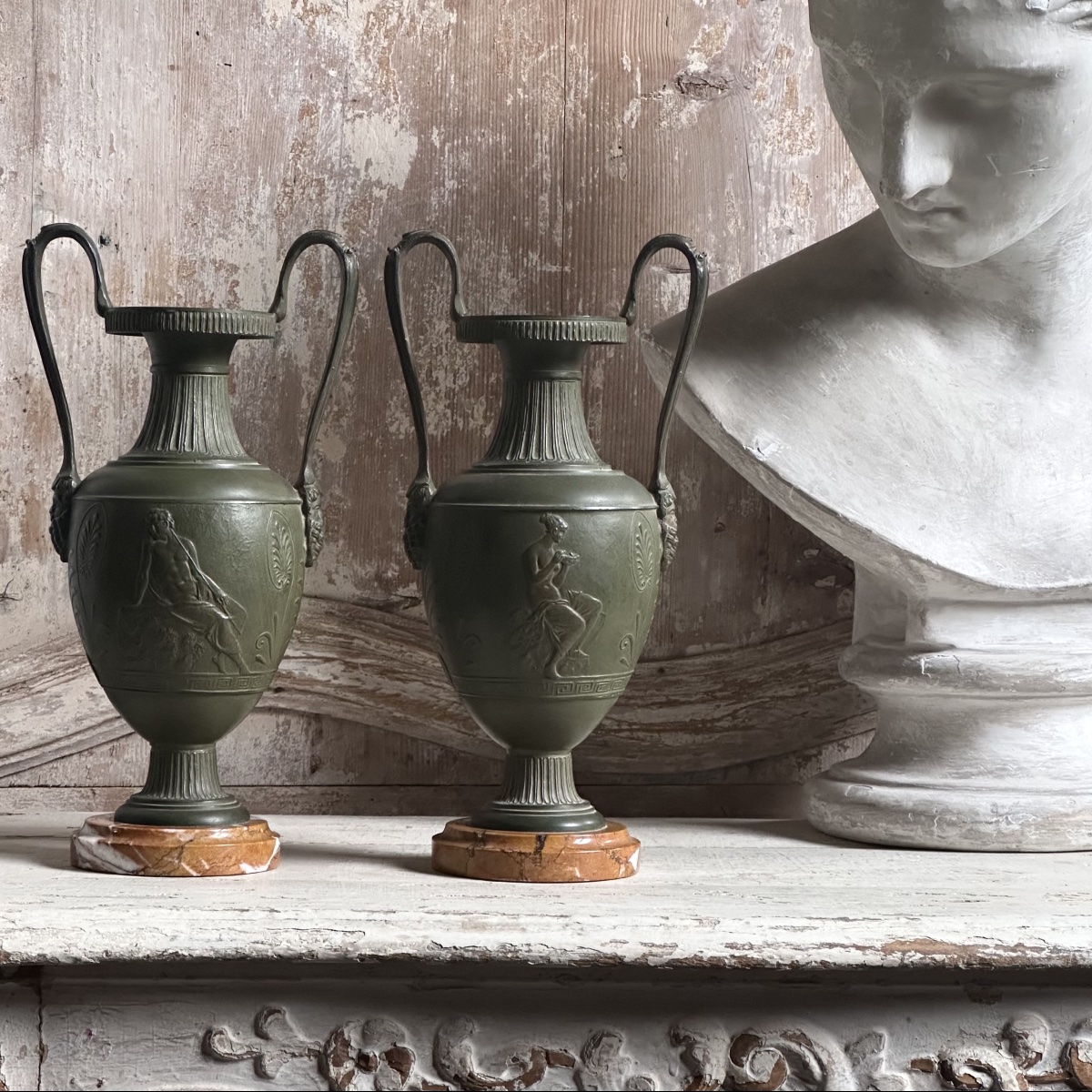 Paire Vases à l’Antique en régule sur socle marbre Début XXe-photo-3