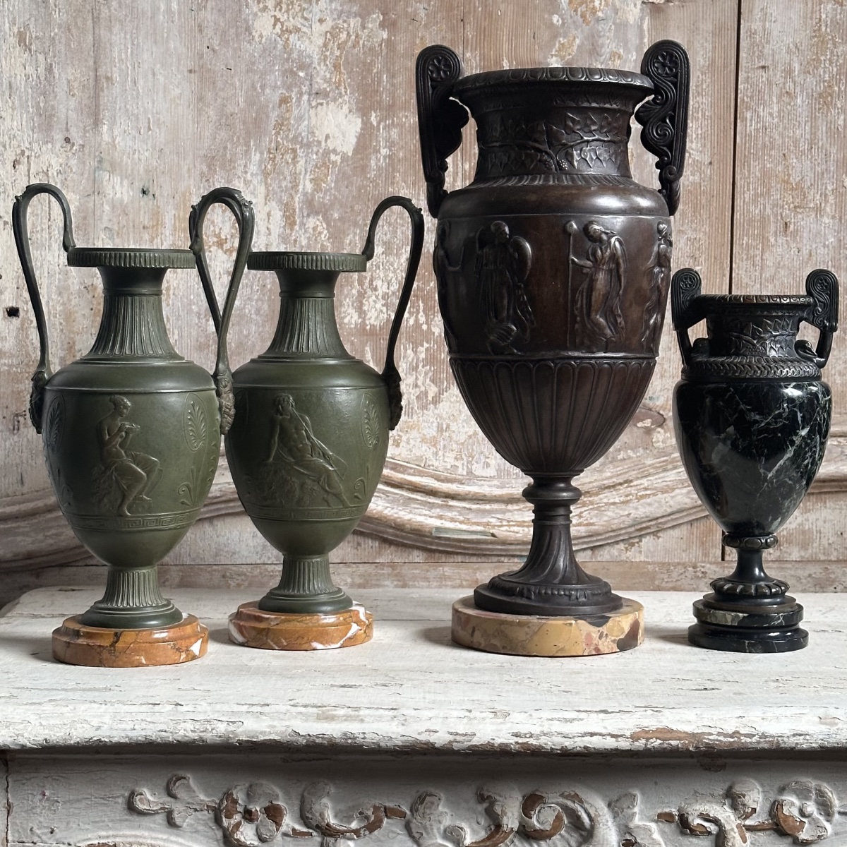 Paire Vases à l’Antique en régule sur socle marbre Début XXe-photo-7