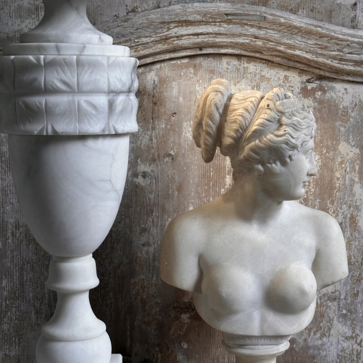 Pied de Lampe forme balustre en Albâtre sculpté XXe-photo-2
