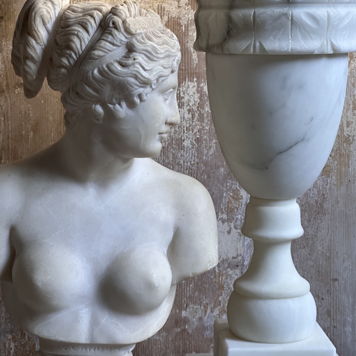 Pied de Lampe forme balustre en Albâtre sculpté XXe-photo-6