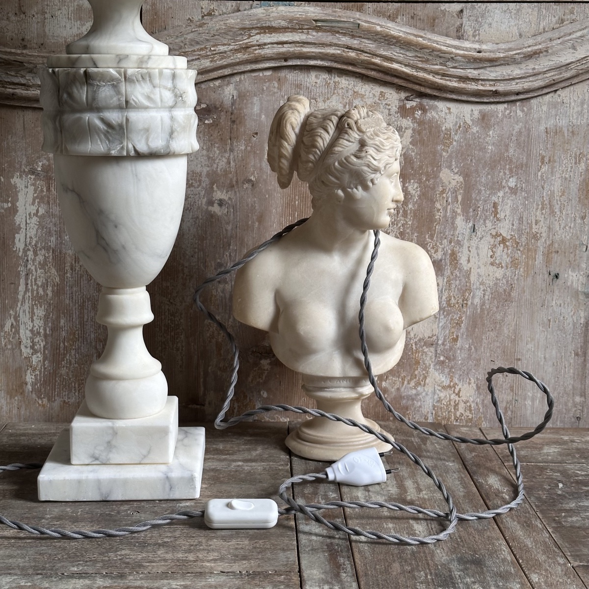 Pied de Lampe forme balustre en Albâtre sculpté XXe-photo-8