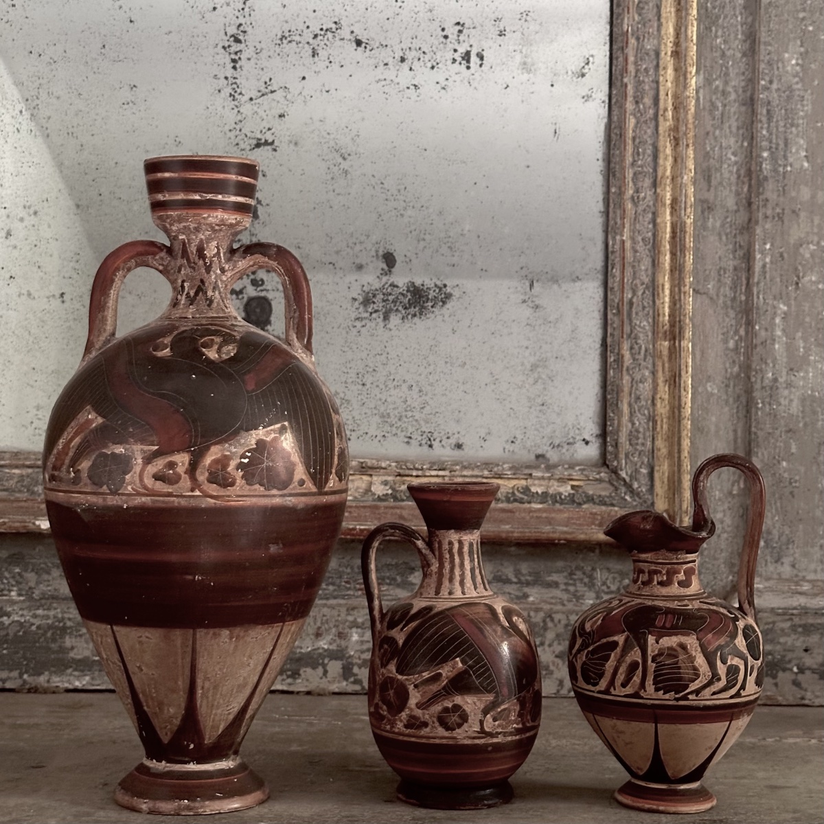 Triptych Of Ancient Greek-style Vases / Painted Terracotta / Italy, Late 19th–early 20th Century-photo-2