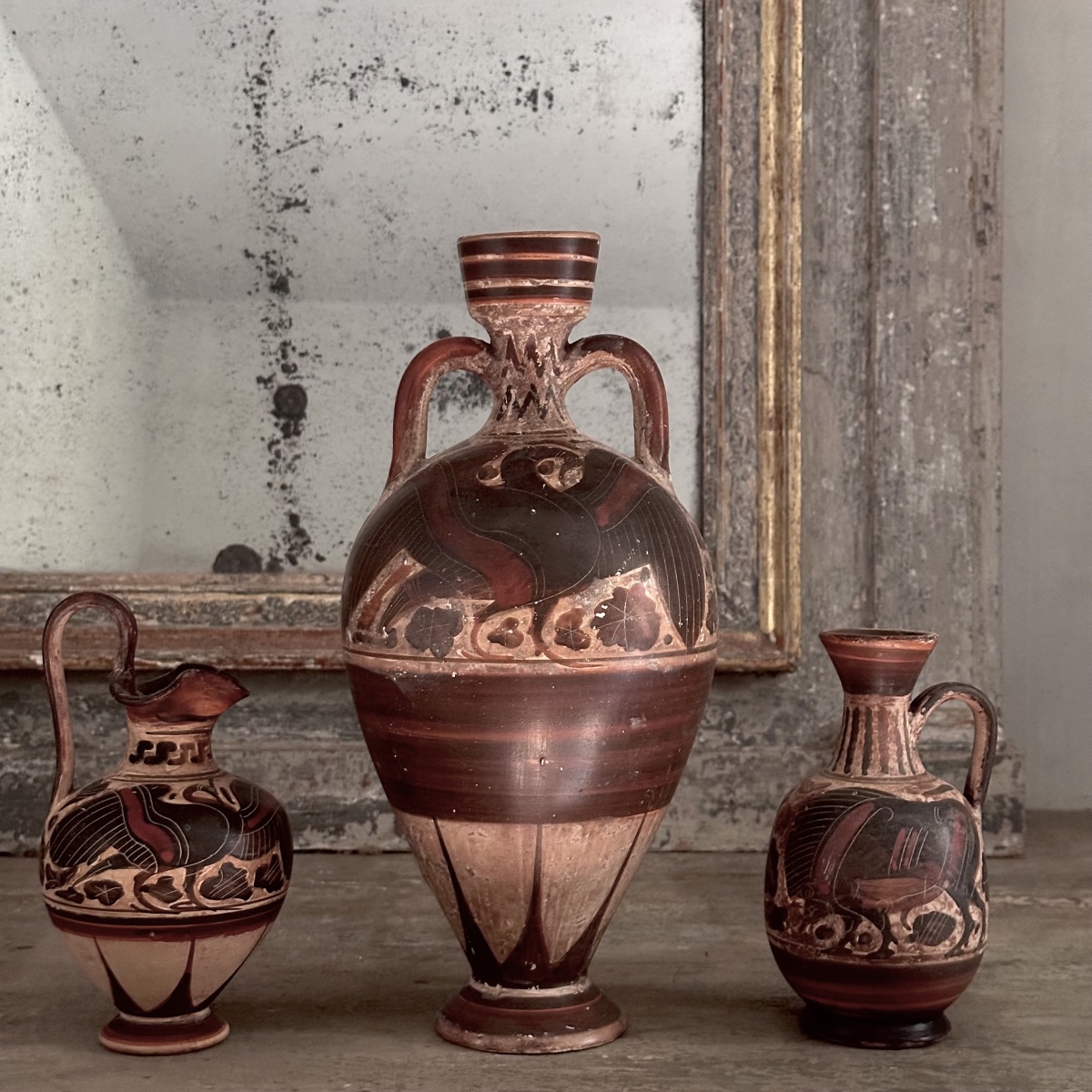 Triptych Of Ancient Greek-style Vases / Painted Terracotta / Italy, Late 19th–early 20th Century-photo-1