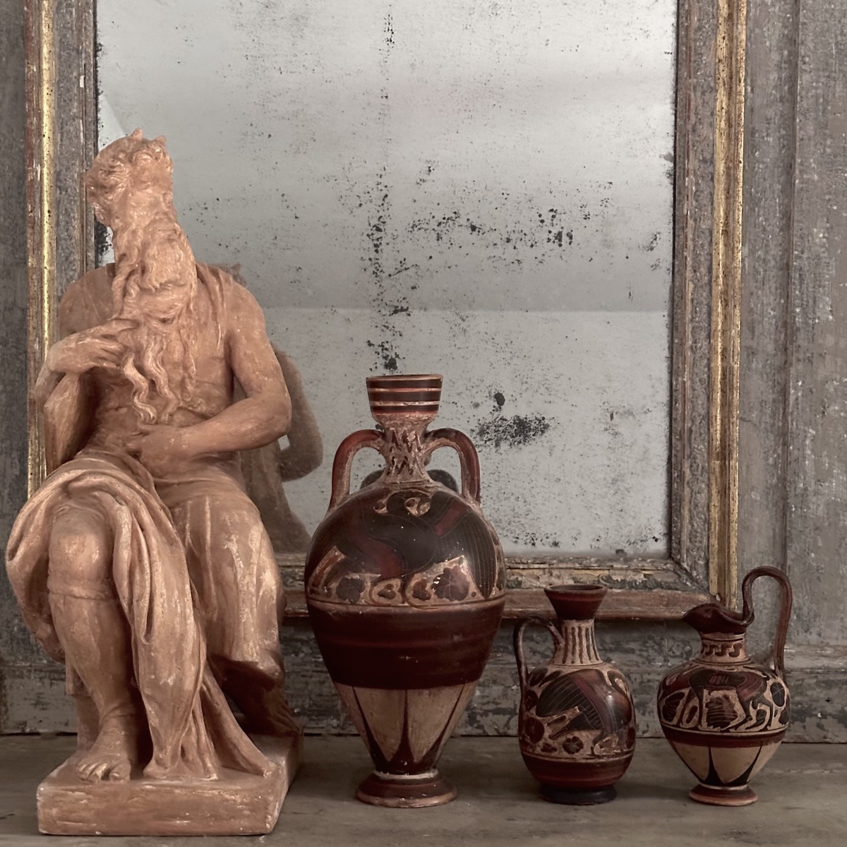 Triptych Of Ancient Greek-style Vases / Painted Terracotta / Italy, Late 19th–early 20th Century
