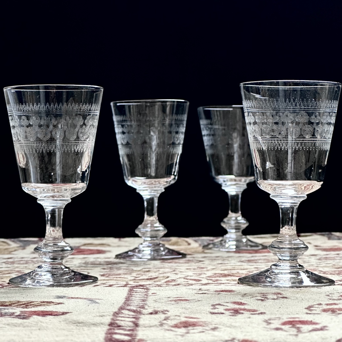 Set Of 4 Crystal Wine Glasses Engraved By Pontieux Or Thouvenin 