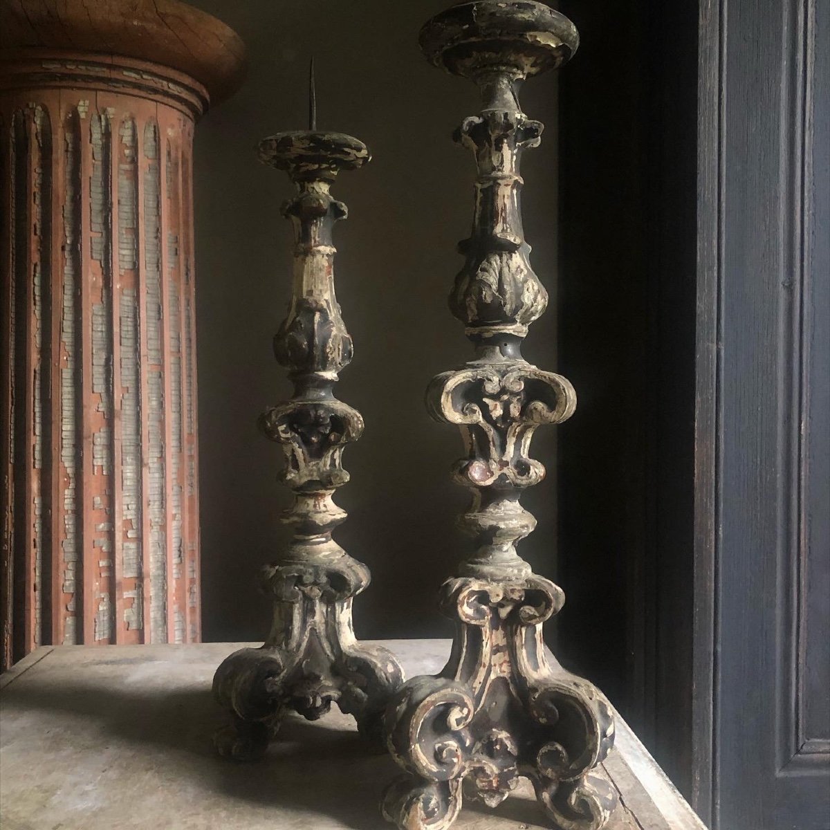 Pair Of Carved Wood Candelsticks Italy Eighteenth-photo-2