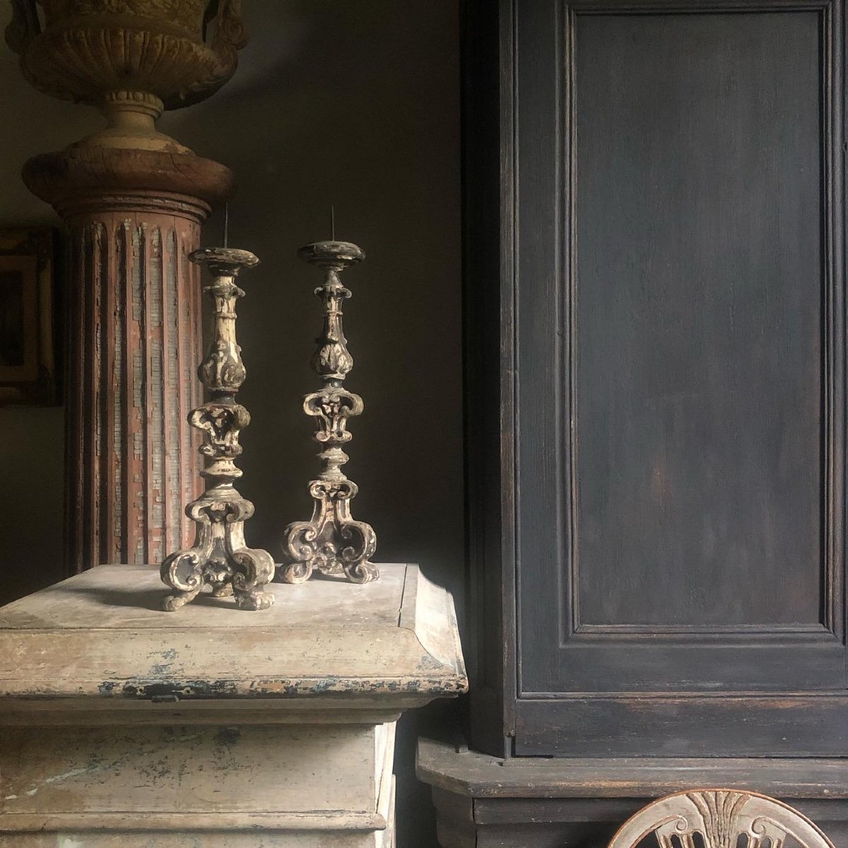 Pair Of Carved Wood Candelsticks Italy Eighteenth