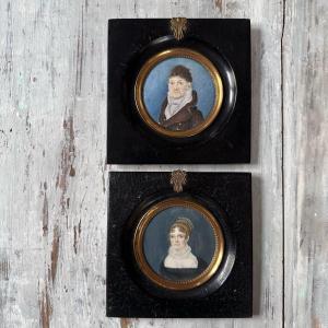 1 Paire De Miniatures Portraits /École Française XIXe