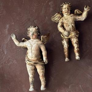 Pair Putti Carved Polychrome Wood Baroque Italy/early 18th Century