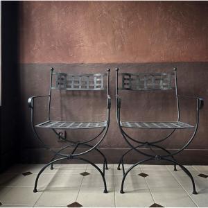 Pair Of Wrought Metal Armchairs « curule »20th Century Jansen Spirit