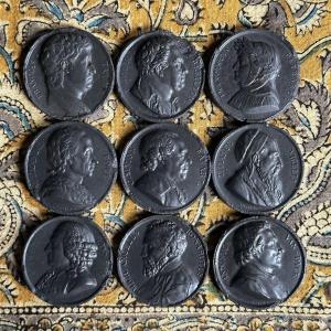 Series Of 9 Medals/grey Plaster/pewter 19th Century