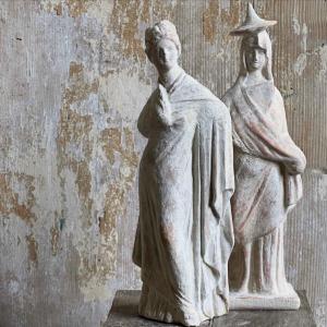 2 Statuettes Peplophores Tanagréennes/reproduction Terre Cuite/xxe
