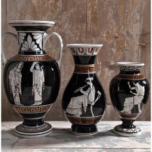 Series Of 3 Enameled Ceramic Vases / Greek Figures / 20th Century