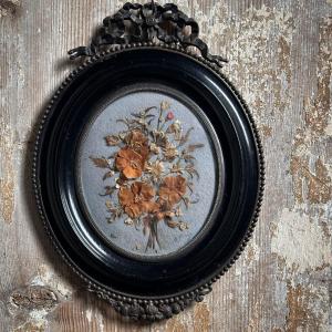 Napoleon III Frame In Miniature/dried Flowers/19th