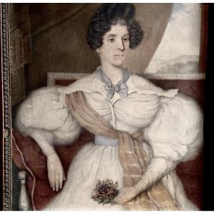 Portrait Jeune Femme Romantique Dessin-Aquarelle/Martial GOBERT 1834