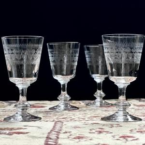 Set Of 4 Crystal Wine Glasses Engraved By Pontieux Or Thouvenin
