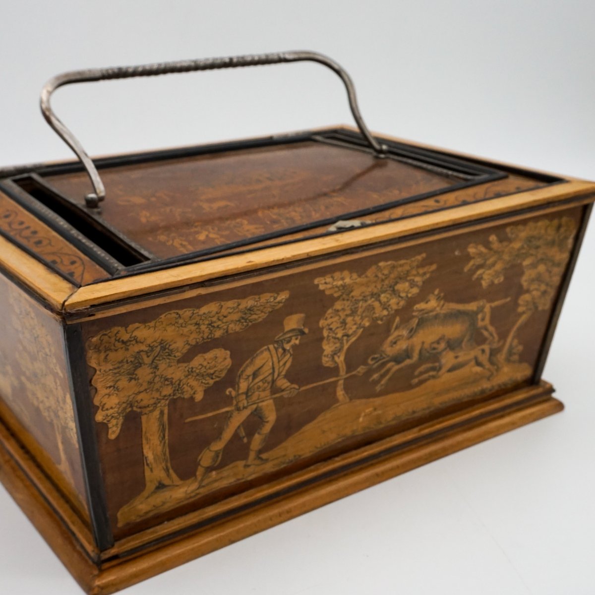 Sorrento Cigar Box In Inlaid Wood With Hunting Scene – Late 19th / Early 20th Century-photo-4