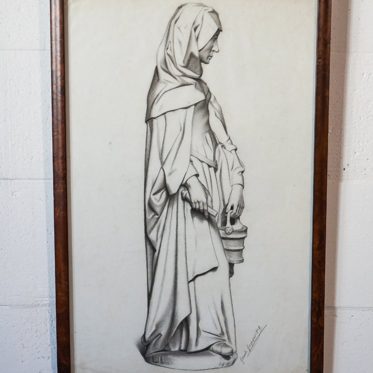 Gaspare Gambi – Saint Martha – Signed Charcoal Drawing, 1907-photo-2