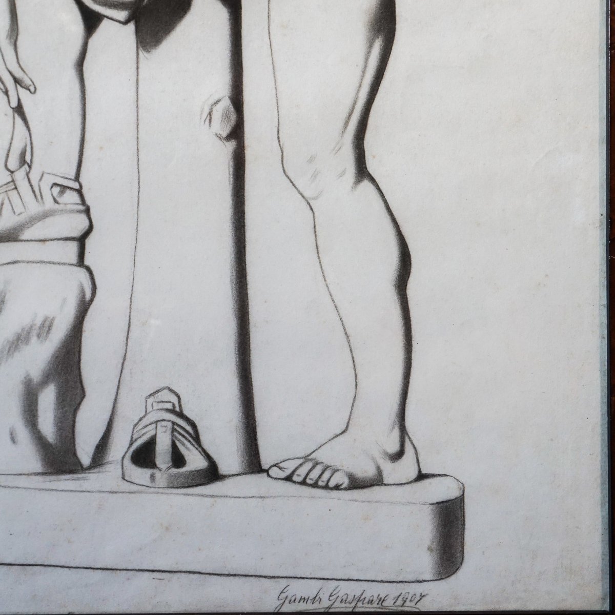 Gaspare Gambi – Hermes Tying His Sandal – Signed Charcoal Drawing, 1907-photo-4