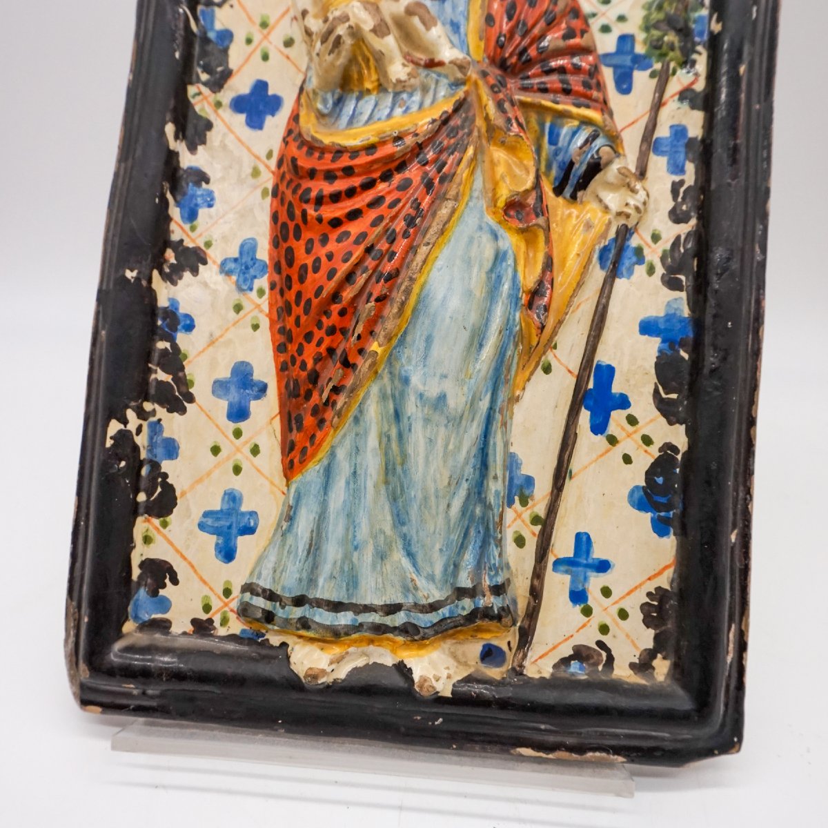 Antique Glazed Terracotta Votive Plaque Of Saint Joseph With Child – Italy, 19th Century-photo-3