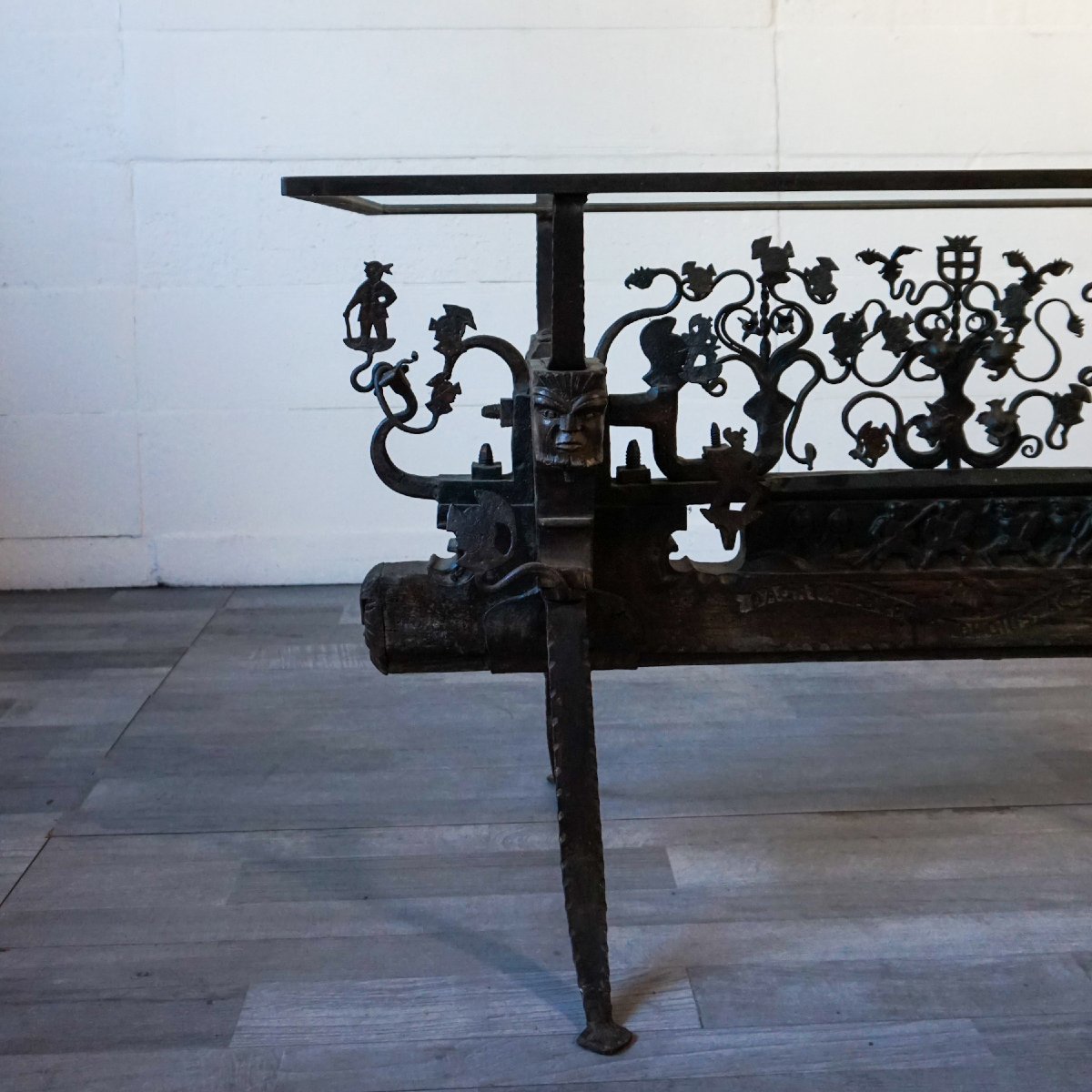 Glass-top Table Made From An Antique Sicilian Cart Ironwork – Late 19th / Early 20th Century-photo-2