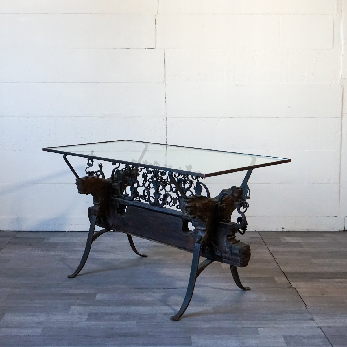 Glass-top Table Made From An Antique Sicilian Cart Ironwork – Late 19th / Early 20th Century-photo-2
