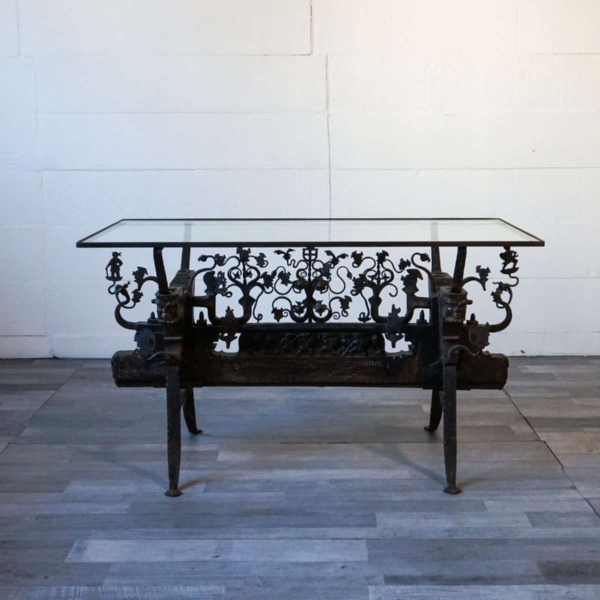 Glass-top Table Made From An Antique Sicilian Cart Ironwork – Late 19th / Early 20th Century