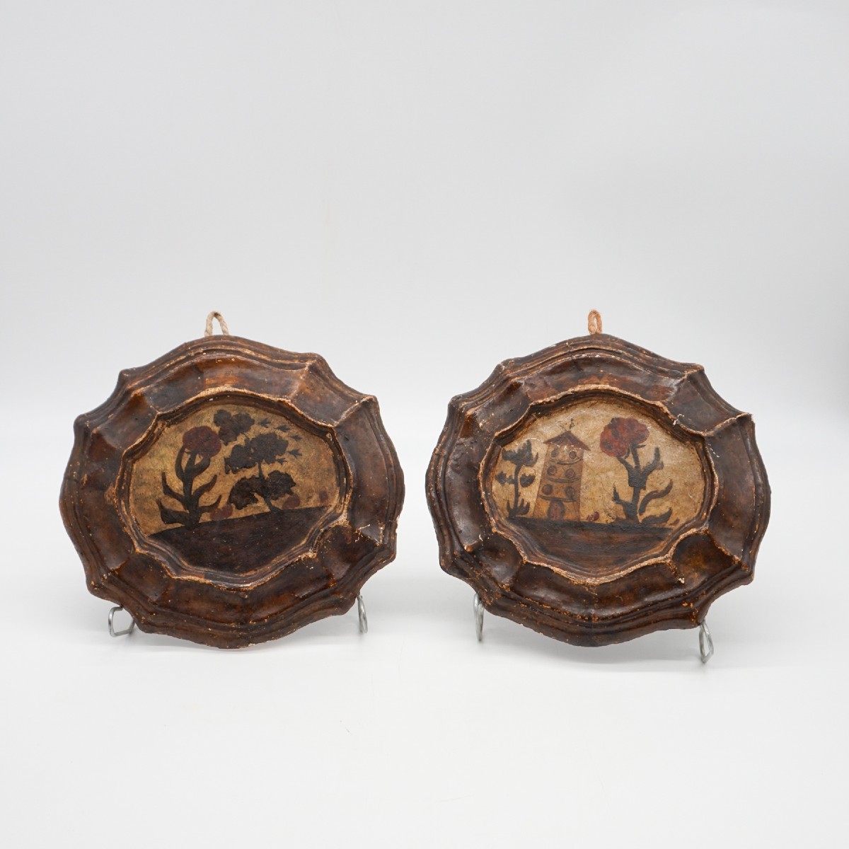 Pair Of Antique Painted Papier-mâché Plaques – Italian Folk Art, 17th–18th Century