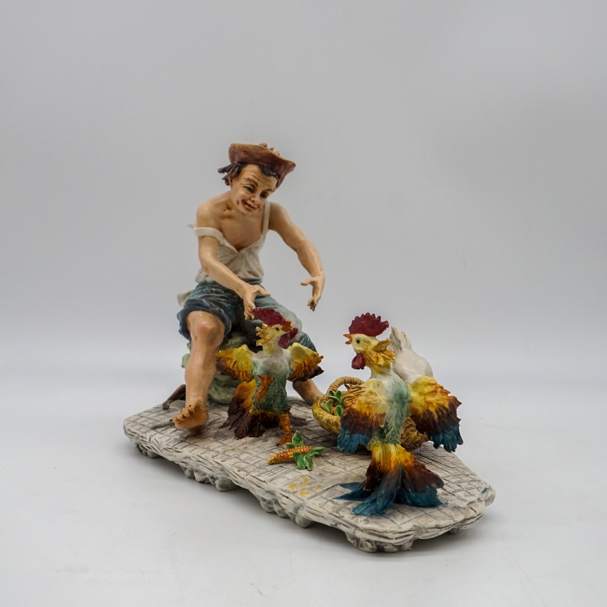 Capodimonte Sculpture “boy With Roosters And Hen” Signed Mollica-photo-2
