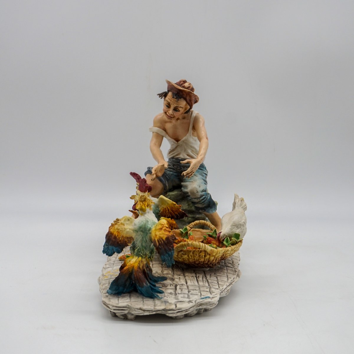 Capodimonte Sculpture “boy With Roosters And Hen” Signed Mollica-photo-3