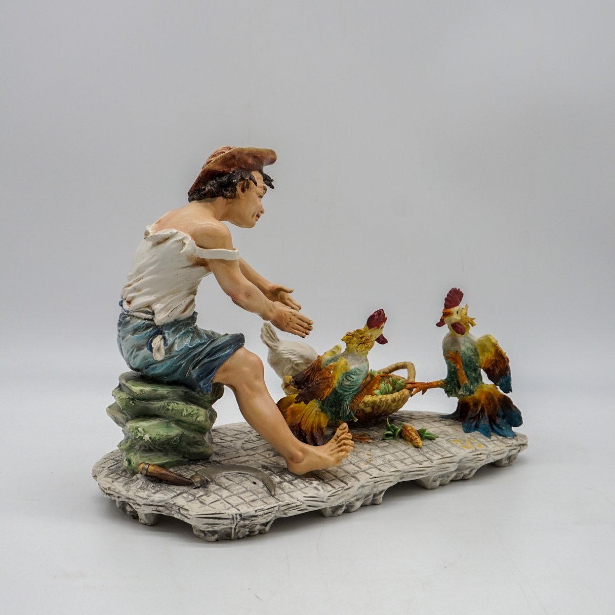 Capodimonte Sculpture “boy With Roosters And Hen” Signed Mollica-photo-1