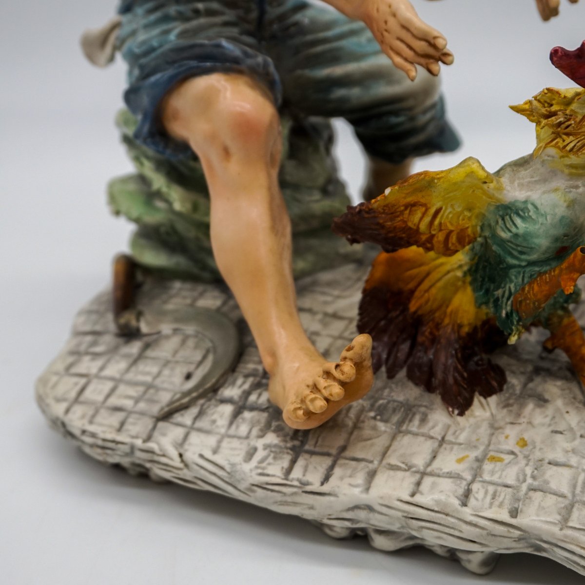 Capodimonte Sculpture “boy With Roosters And Hen” Signed Mollica-photo-2