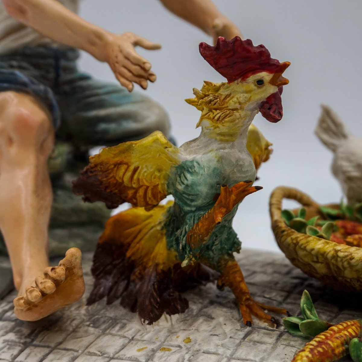 Capodimonte Sculpture “boy With Roosters And Hen” Signed Mollica-photo-3