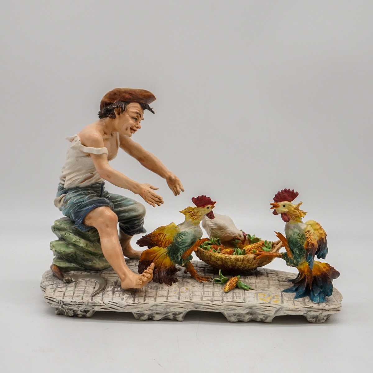 Capodimonte Sculpture “boy With Roosters And Hen” Signed Mollica