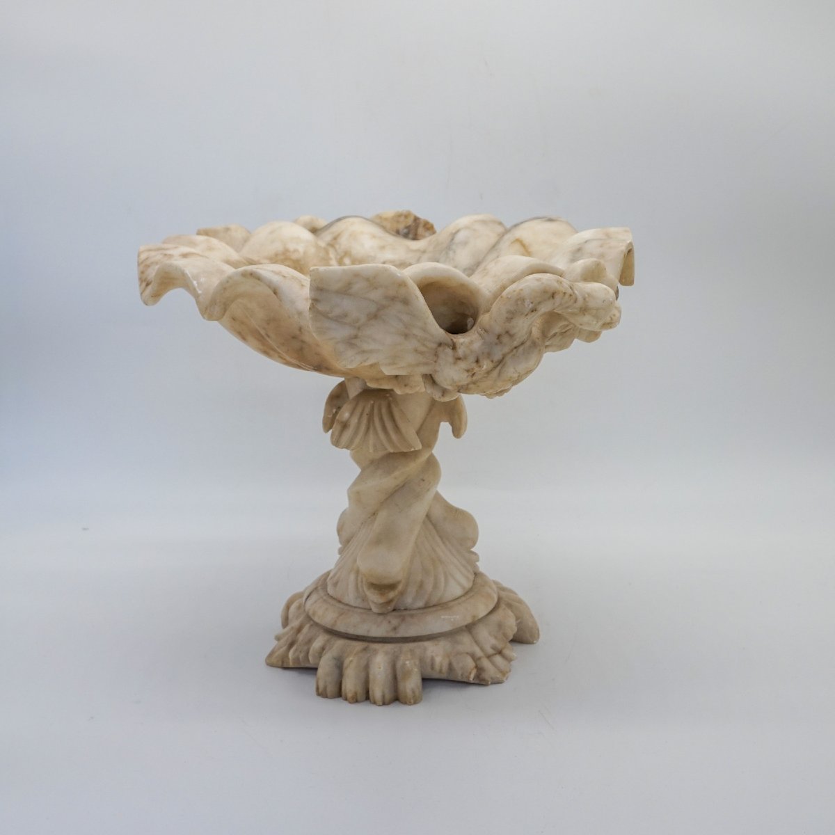 Large Hand-carved Volterra Alabaster Centerpiece With Shell And Dolphin Motifs – Italy, 20th-photo-2