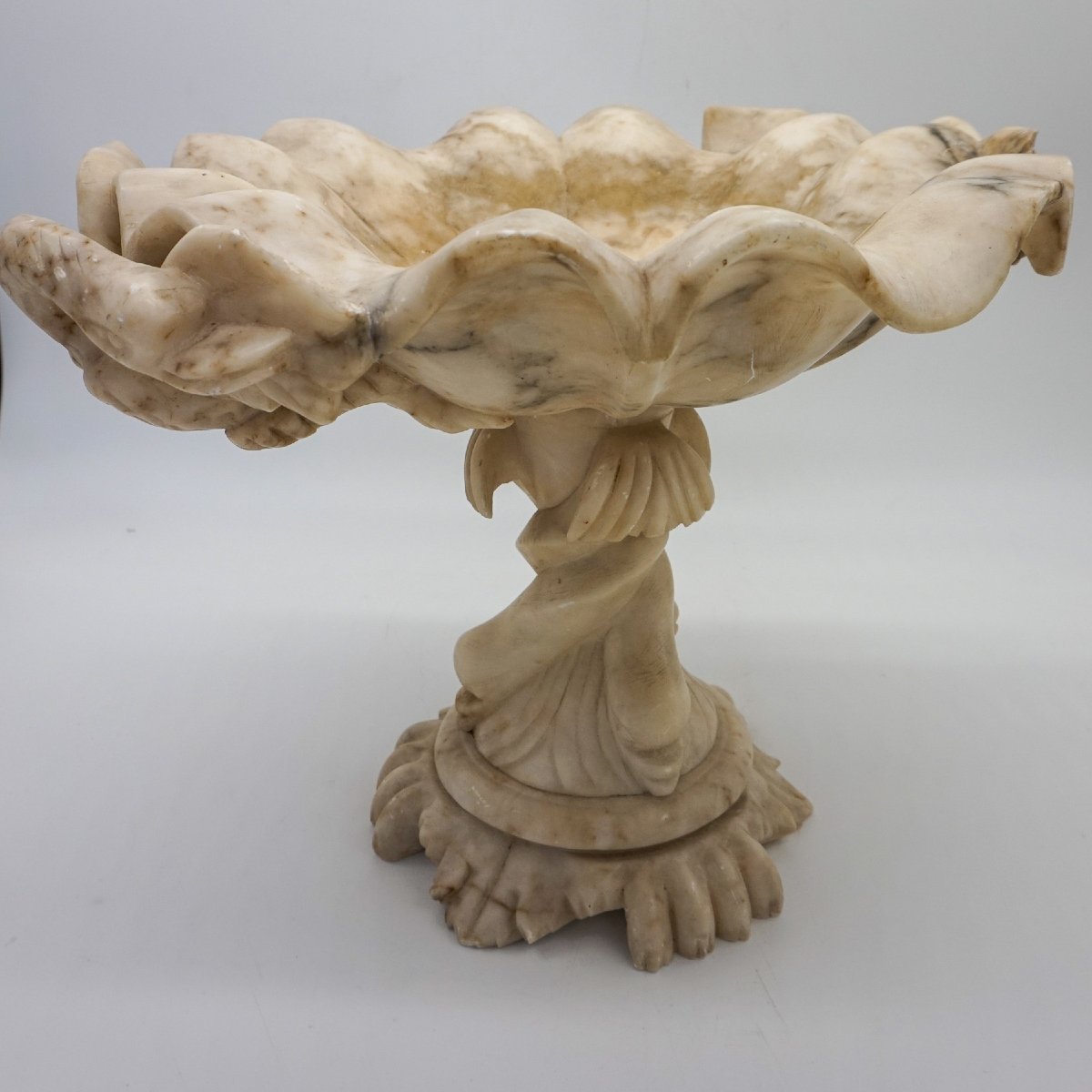Large Hand-carved Volterra Alabaster Centerpiece With Shell And Dolphin Motifs – Italy, 20th-photo-3
