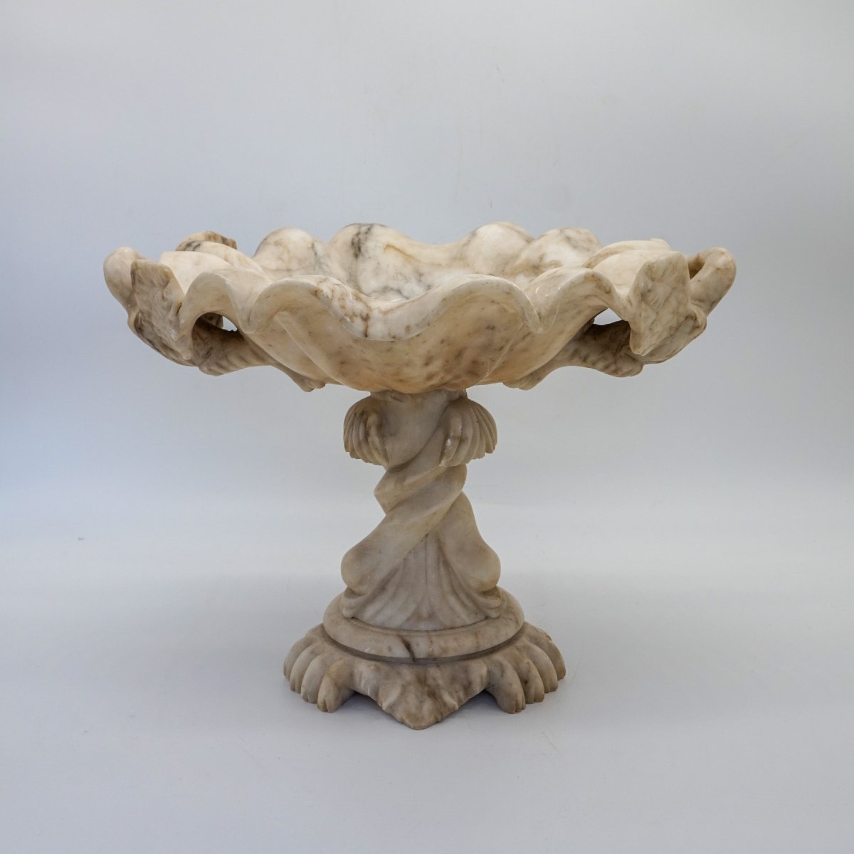Large Hand-carved Volterra Alabaster Centerpiece With Shell And Dolphin Motifs – Italy, 20th