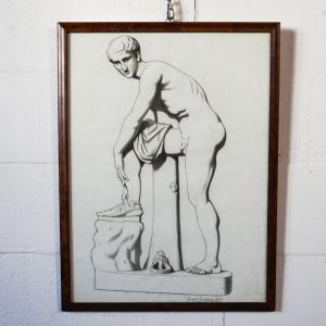 Gaspare Gambi – Hermès attachant sa sandale – Dessin au fusain signé, 1907