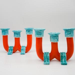 Paire de candélabres modernistes signés Rometti Umbertide – Céramique émaillée