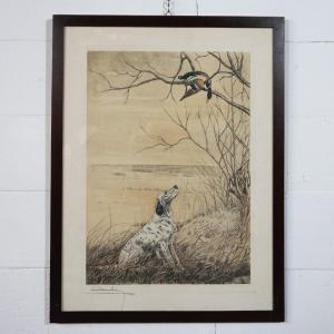 Léon Danchin – Setter anglais et canard – Estampe signée
