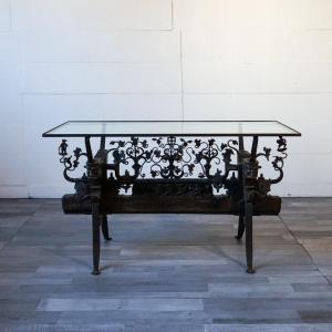 Glass-top Table Made From An Antique Sicilian Cart Ironwork – Late 19th / Early 20th Century