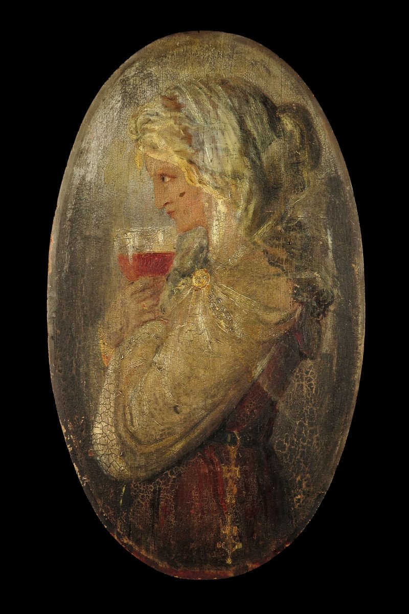 Ancien Et Merveilleux Vestige De Peinture à l'Huile, Portrait De Femme Sur Panneau, Vers 1900-photo-2