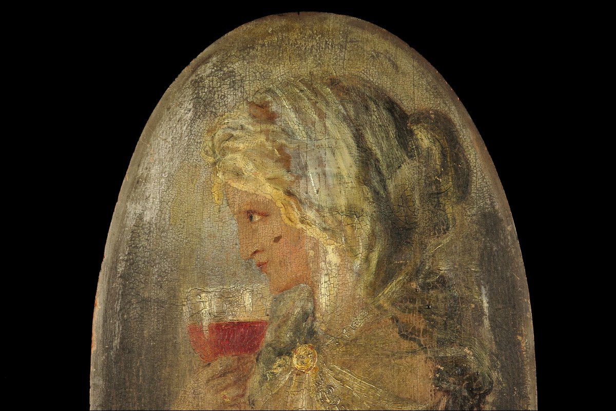Ancien Et Merveilleux Vestige De Peinture à l'Huile, Portrait De Femme Sur Panneau, Vers 1900-photo-3