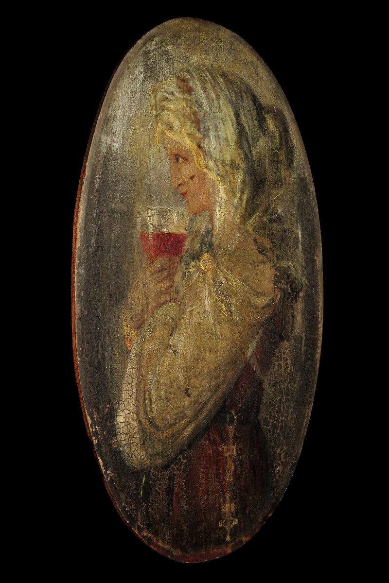 Ancien Et Merveilleux Vestige De Peinture à l'Huile, Portrait De Femme Sur Panneau, Vers 1900-photo-5