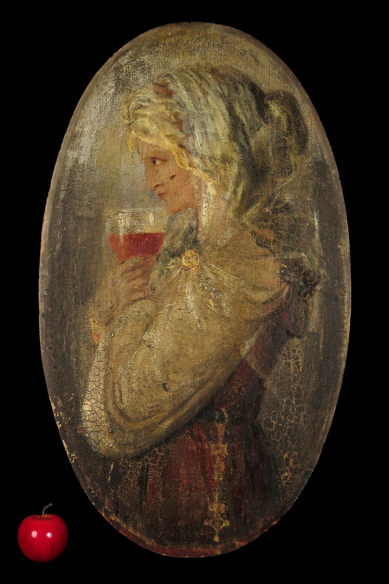 Ancien Et Merveilleux Vestige De Peinture à l'Huile, Portrait De Femme Sur Panneau, Vers 1900