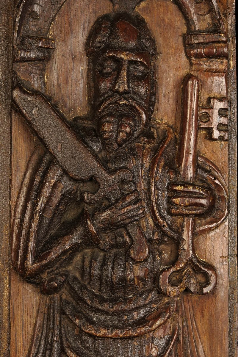 Old Panel, 18th Century Bas Relief Carved Saint Pierre / Folk Art Sculpture On Oak-photo-4