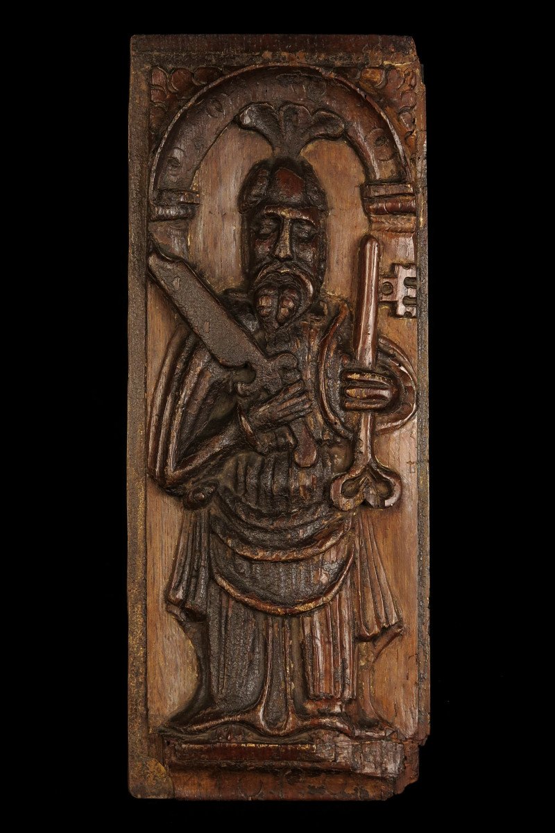 Old Panel, 18th Century Bas Relief Carved Saint Pierre / Folk Art Sculpture On Oak