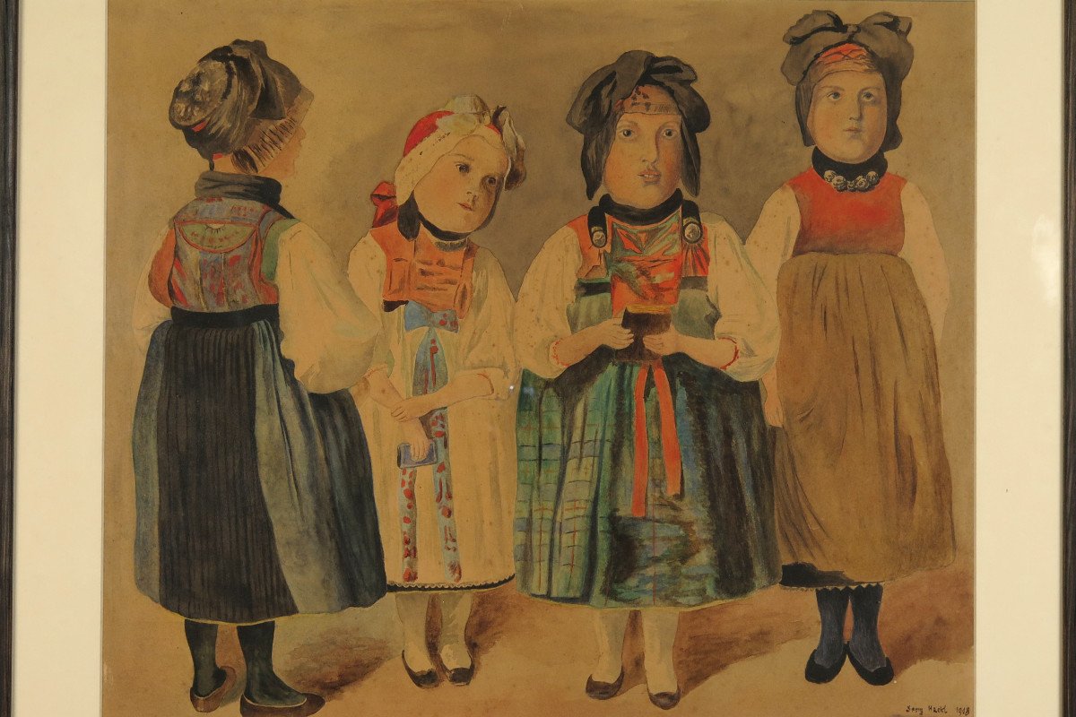 étonnant Portrait De Jeunes Filles, Signé Georg Hackl Daté 1908 / Aquarelle Art Naif Peinture